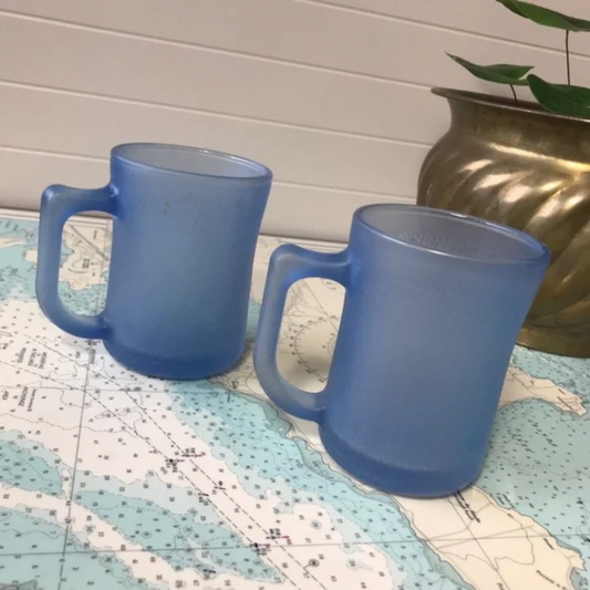 Vintage Blue Frosted Glass Mugs by KIG Malaysia (pair)