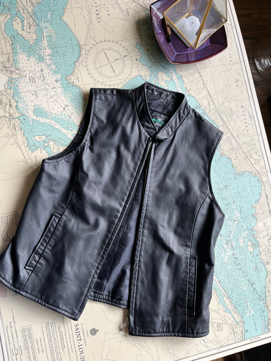 Vintage Black Leather Multiplex Moto Vest