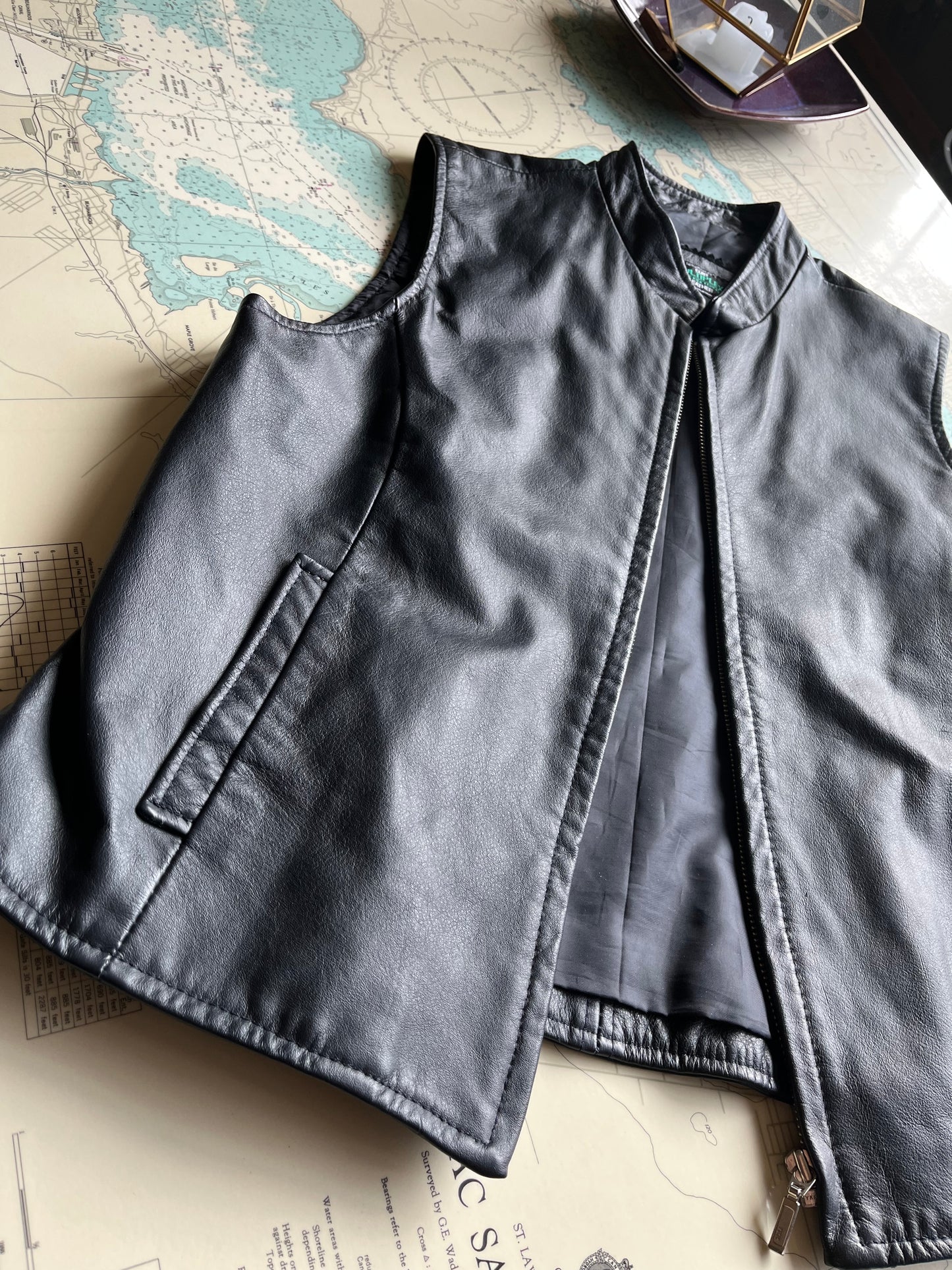 Vintage Black Leather Multiplex Moto Vest