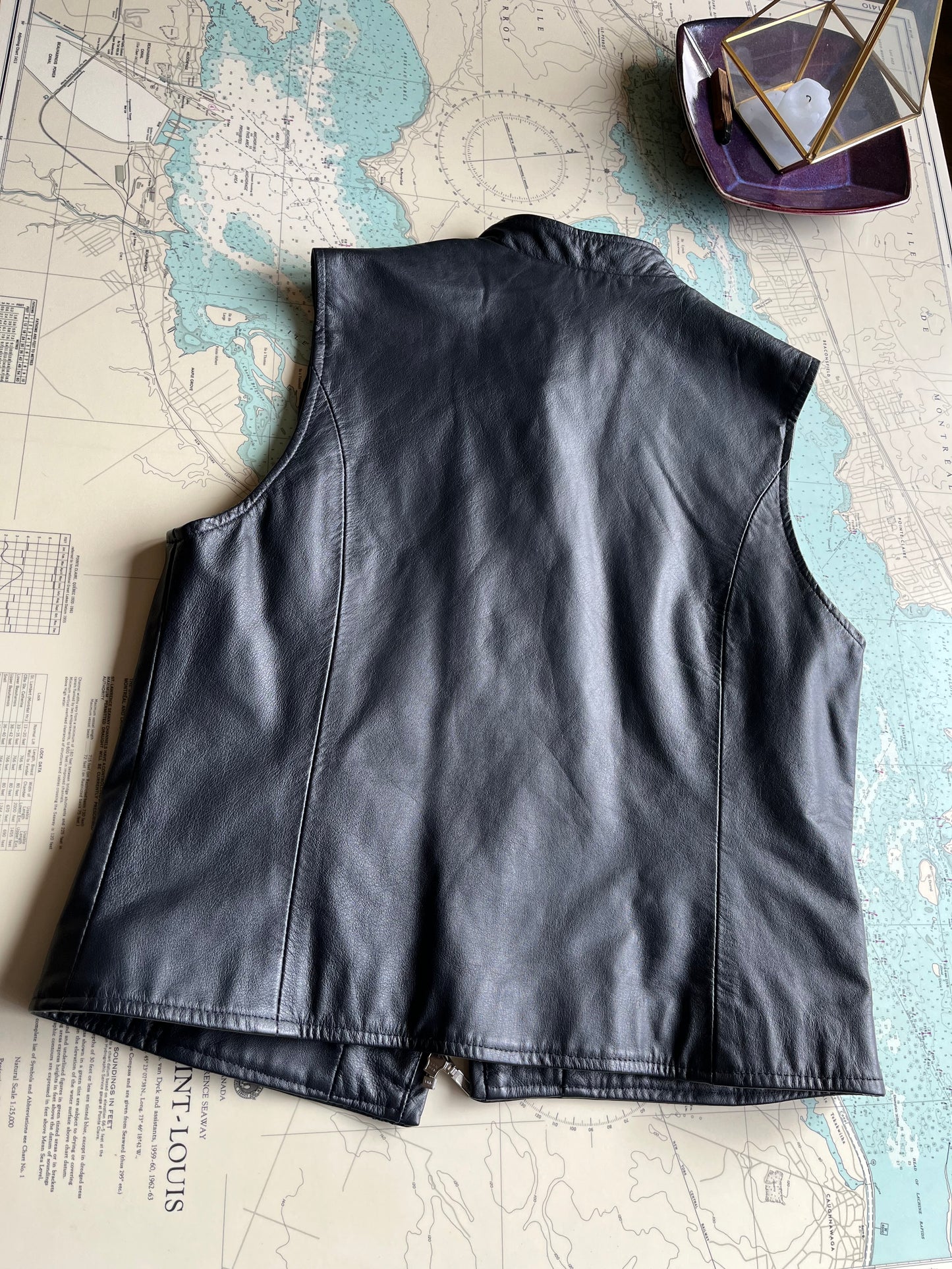 Vintage Black Leather Multiplex Moto Vest