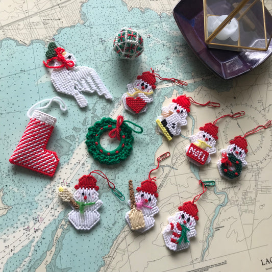 Vintage Cross Stitched Yarn Christmas Snowman & Other Ornaments