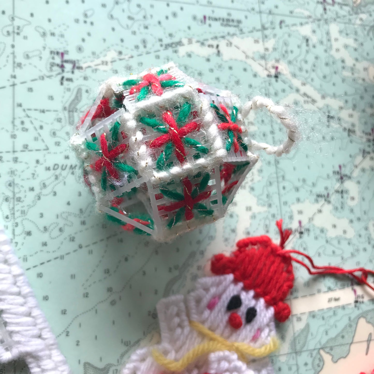 Vintage Cross Stitched Yarn Christmas Ornaments