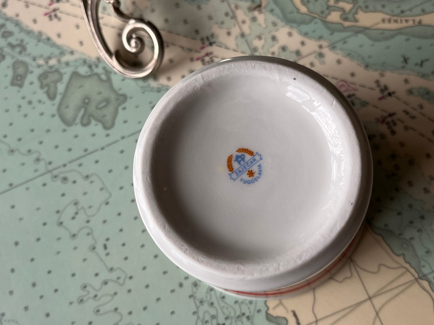 Vintage Zajecar Art Deco Style Porcelain & Silver Plate Sugar Bowl