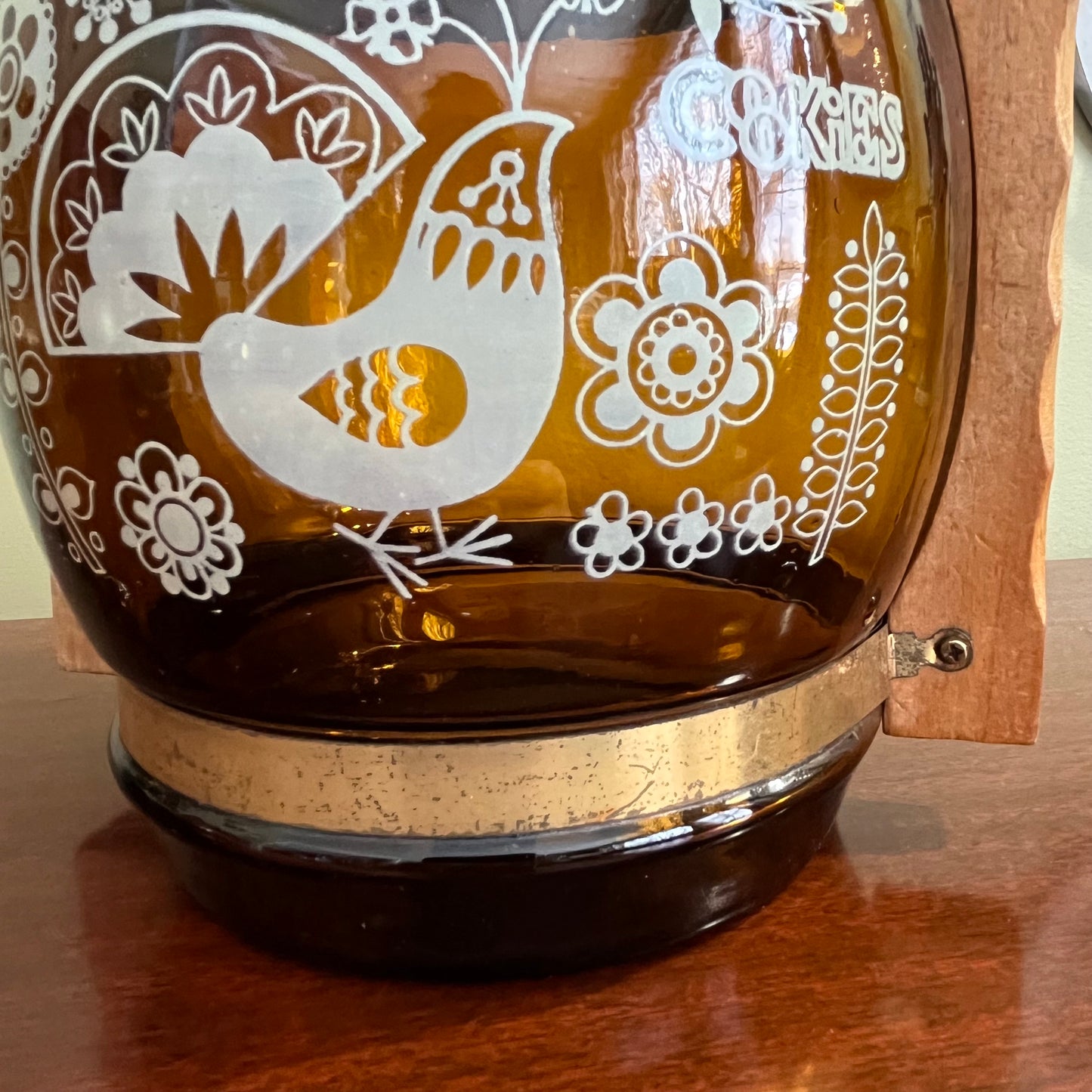 Vintage 60s Siesta Ware Amber Glass Cookie Jar with Funky Floral Bird Motif
