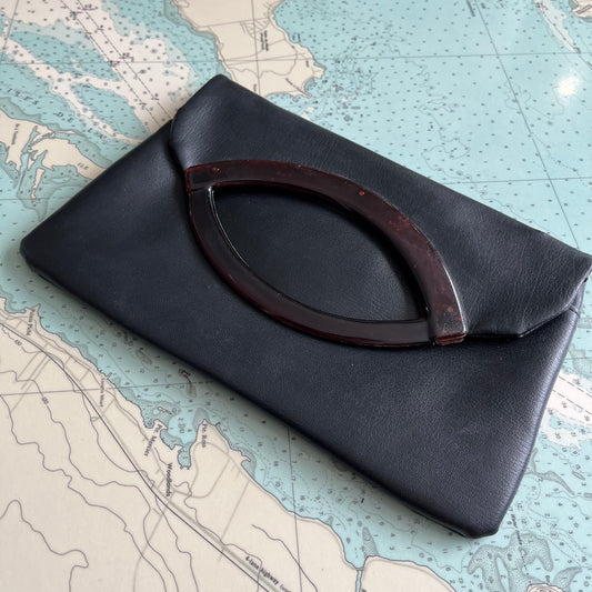 Vintage 70s Artel Black and Brown Clutch with Bakelite Handle